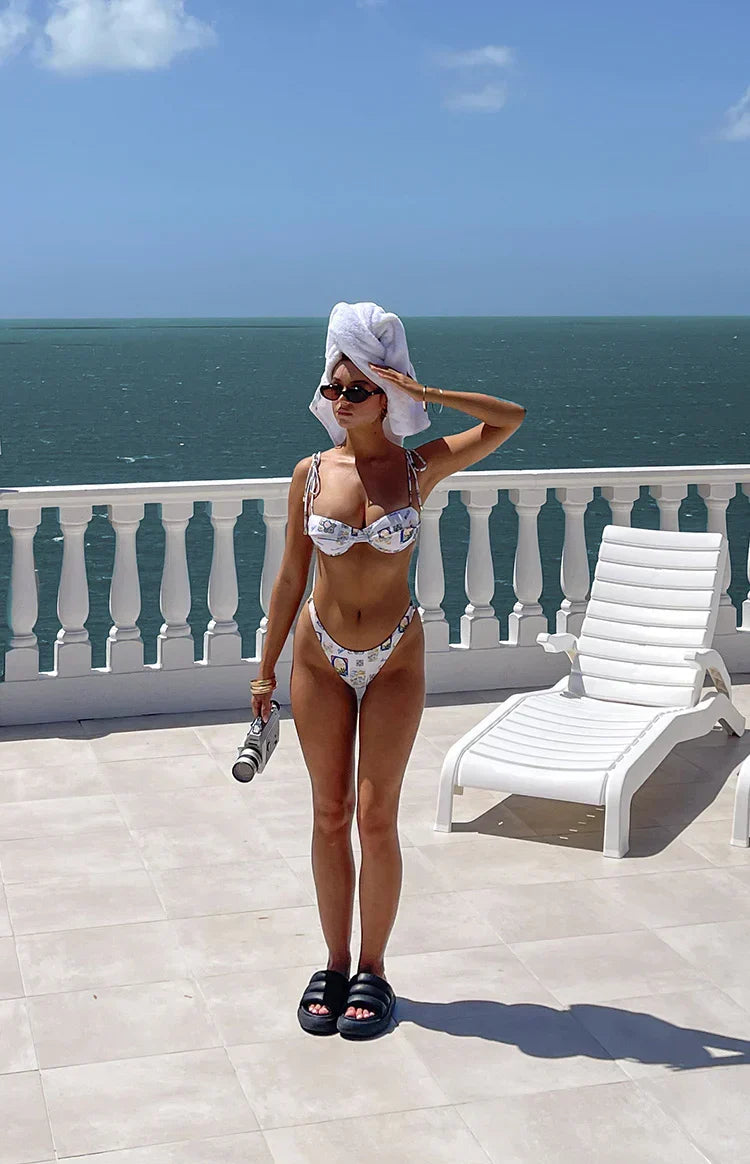 9.0 Swim White Italia Print Bianca Bikini Top