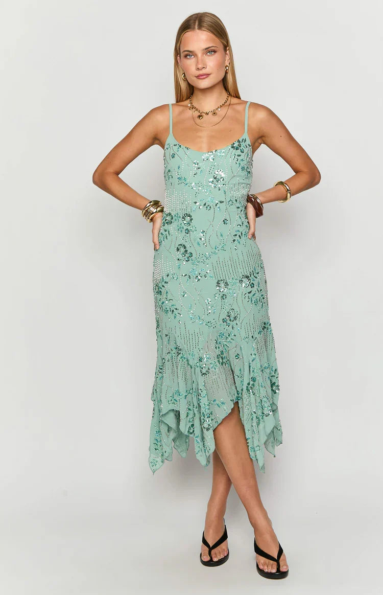 Another World Teal Sequin Midi Dress