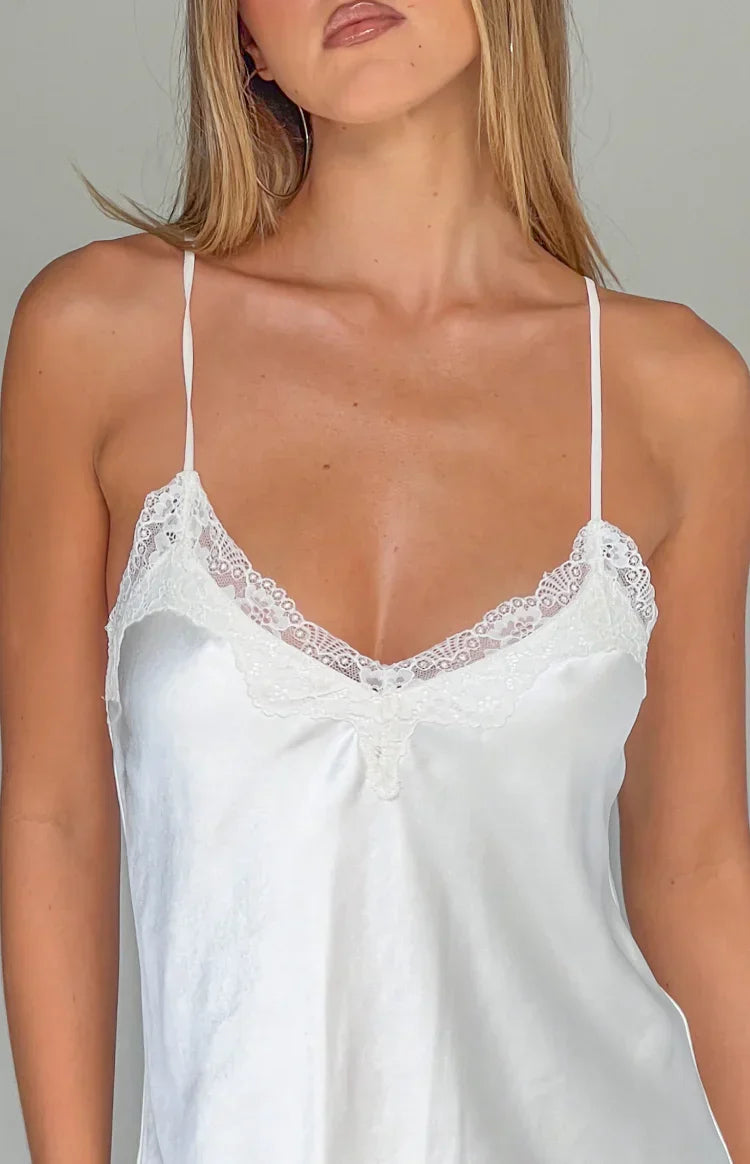 Artie Cream Satin Lace Trim Mini Dress