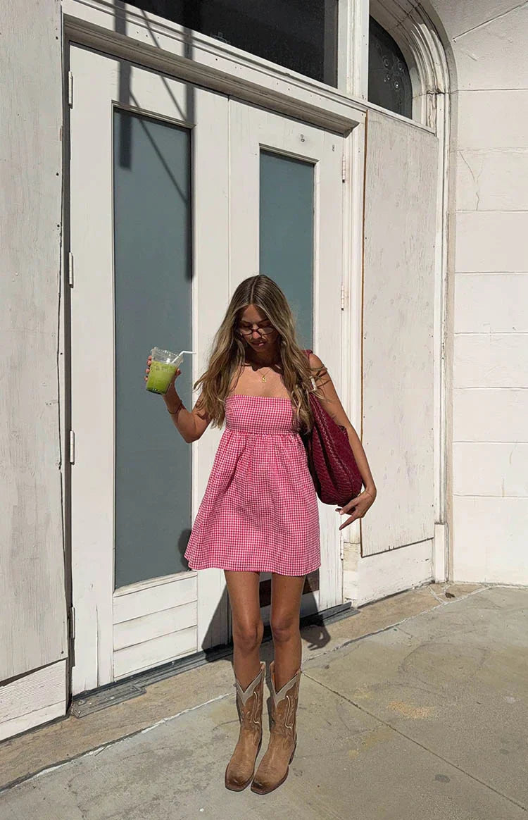 Berrie Red Gingham Strapless Mini Dress