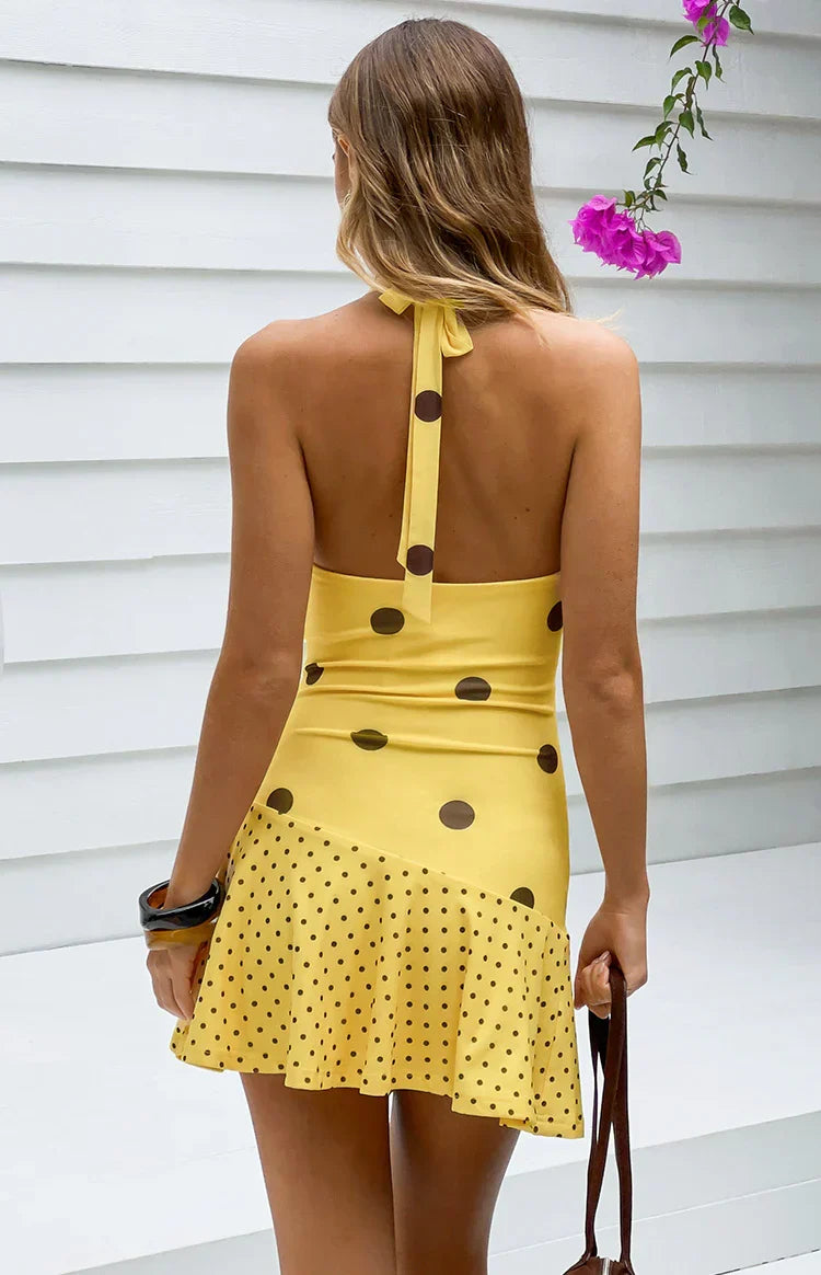 Billy Yellow Polka Dot Cowl Mesh Mini Dress