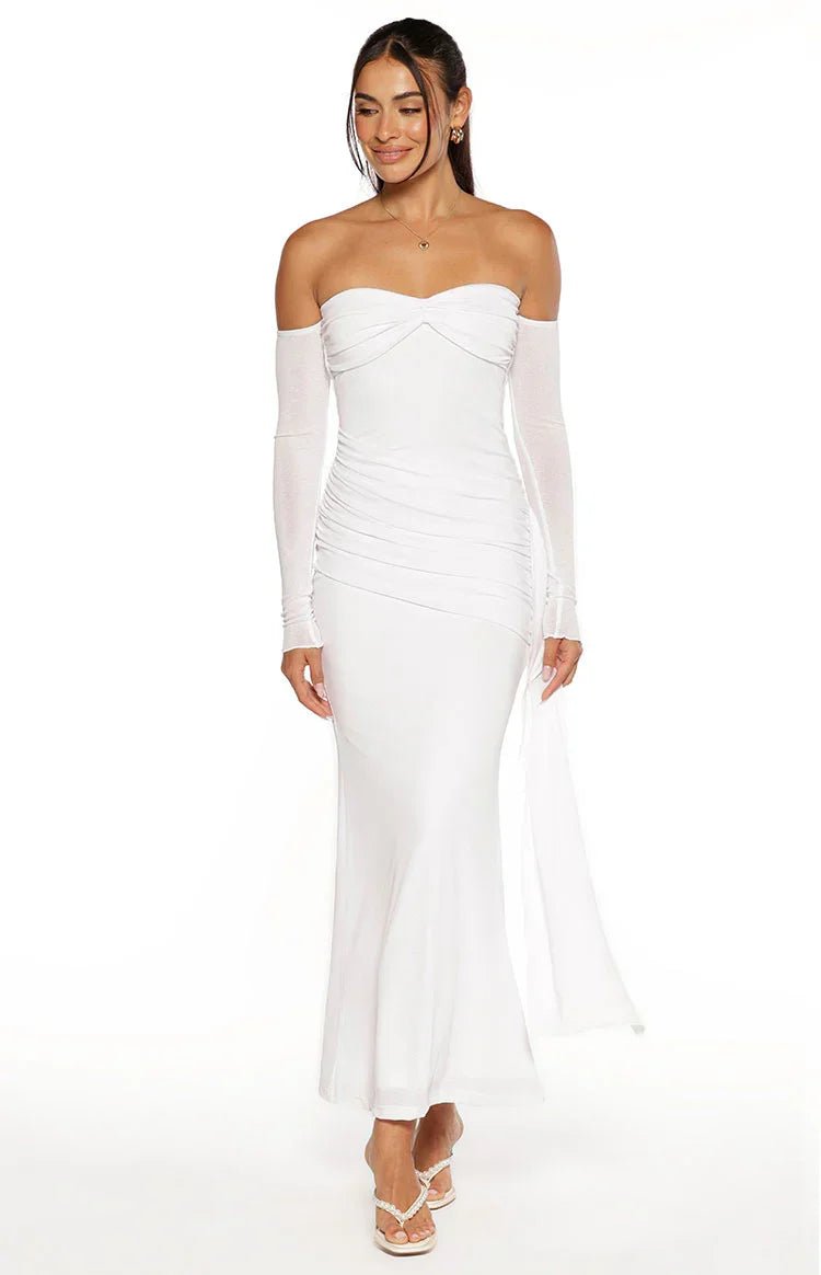 Breanna White Long Sleeve Ruched Maxi Dress