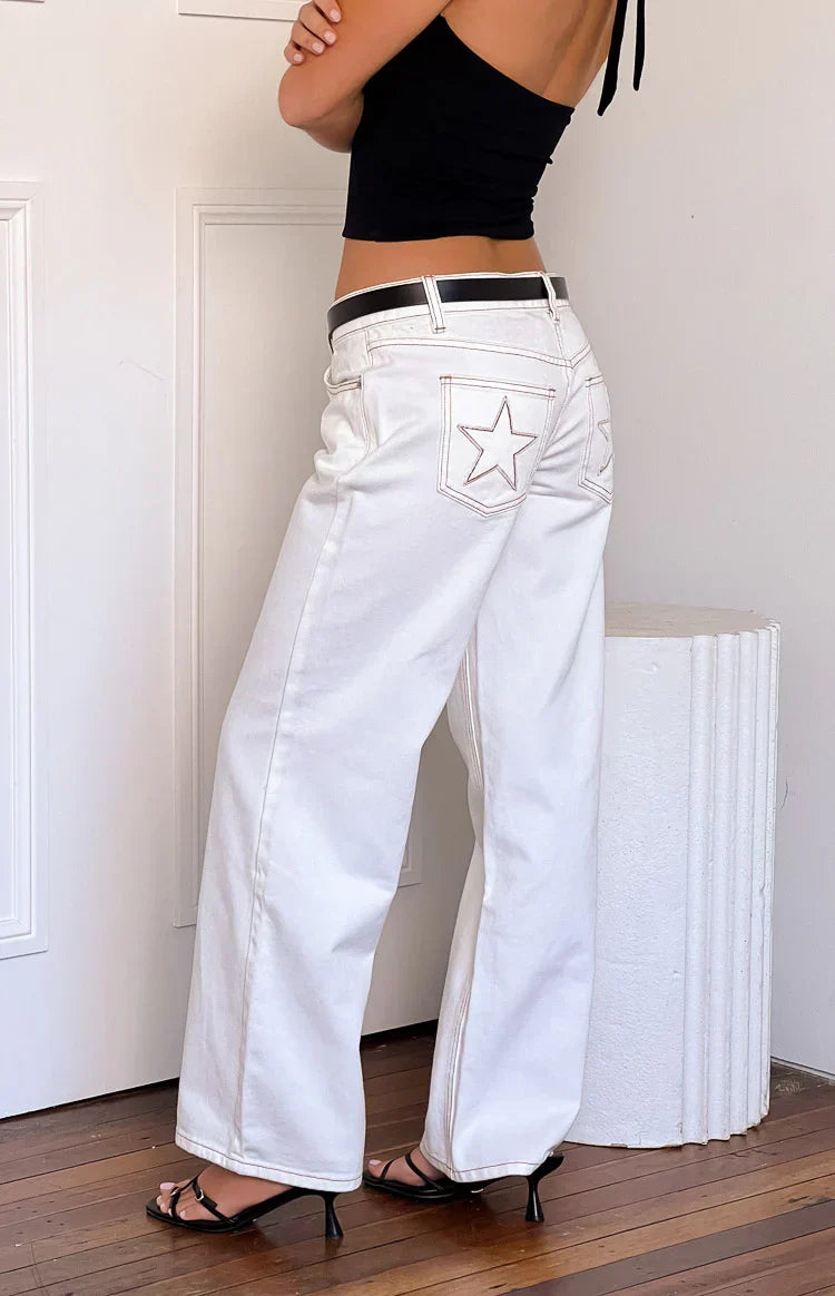 Clara Star White Denim Low Rise Jeans