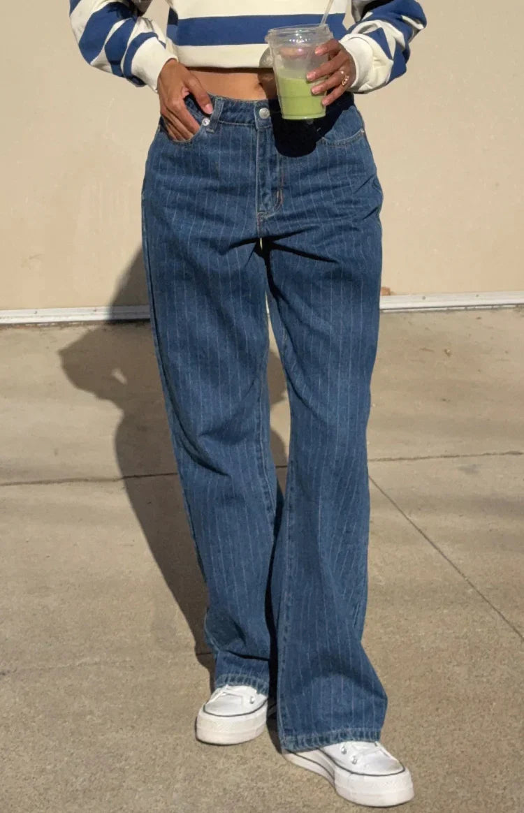 Calliope Pinstripe Mid Wash Mid Rise Slouchy Jeans