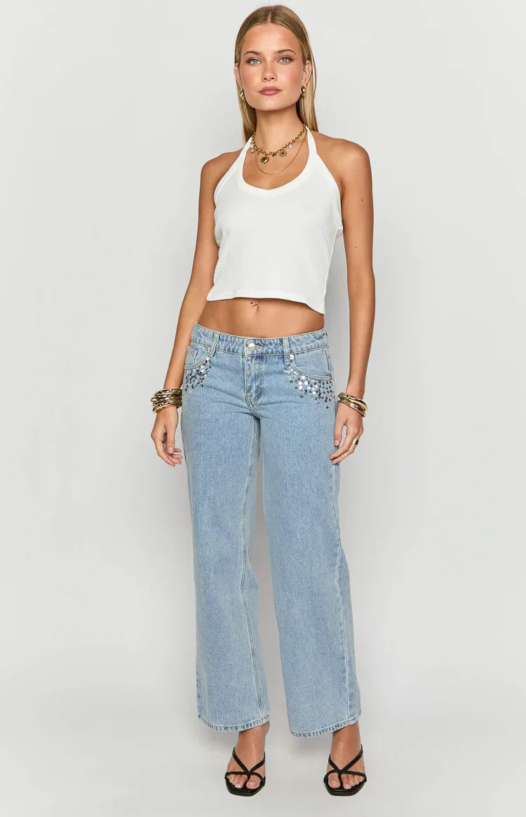 Clara Sequin Light Wash Denim Low Rise Jeans