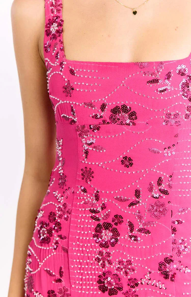 Curren Hot Pink Beaded Mini Dress