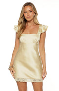 Dasha Yellow Satin Lace Trim Mini Dress
