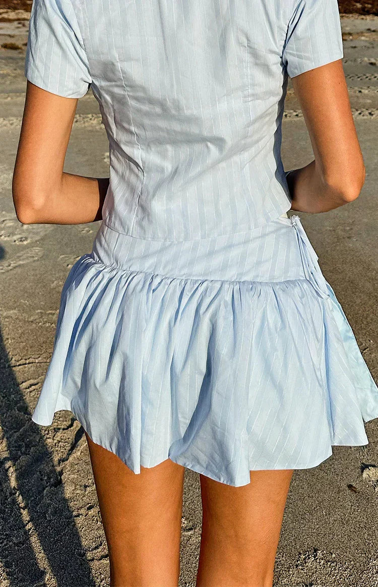Della Blue Stripe Tie Waist Reversible Skirt