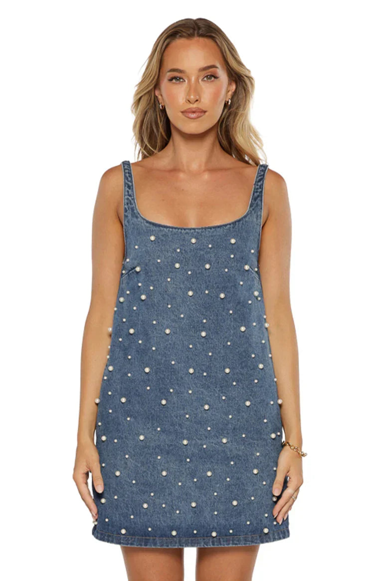 Demi Denim Pearl Detail Mini Dress