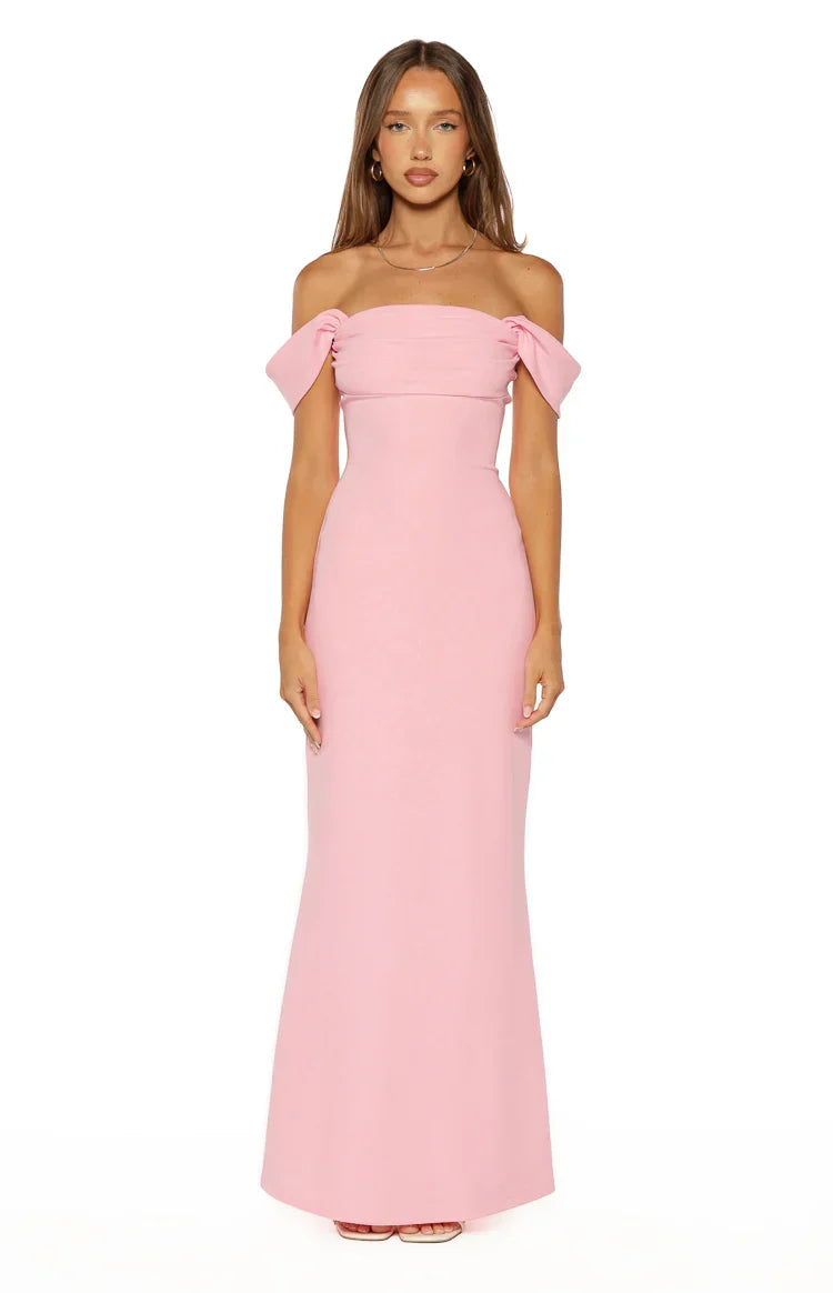 Ella Pink Off Shoulder Crepe Formal Maxi Dress