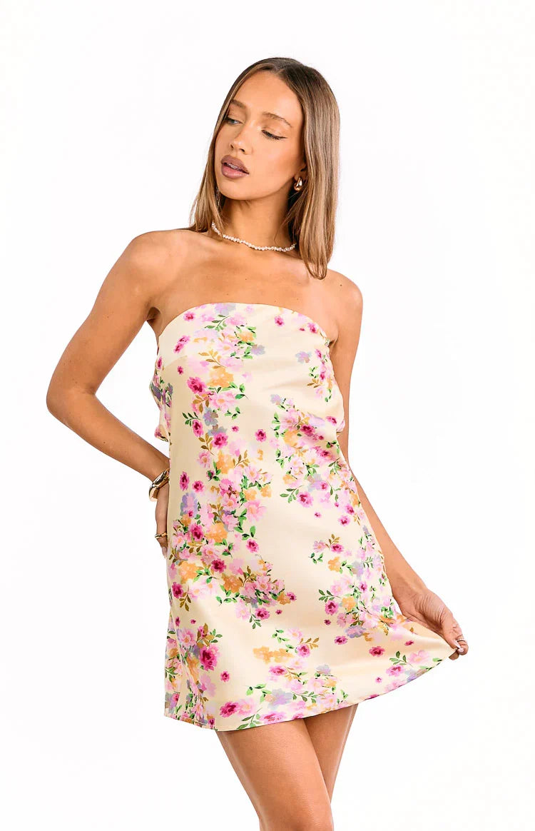Ellie Yellow Bloom Strapless Mini Dress