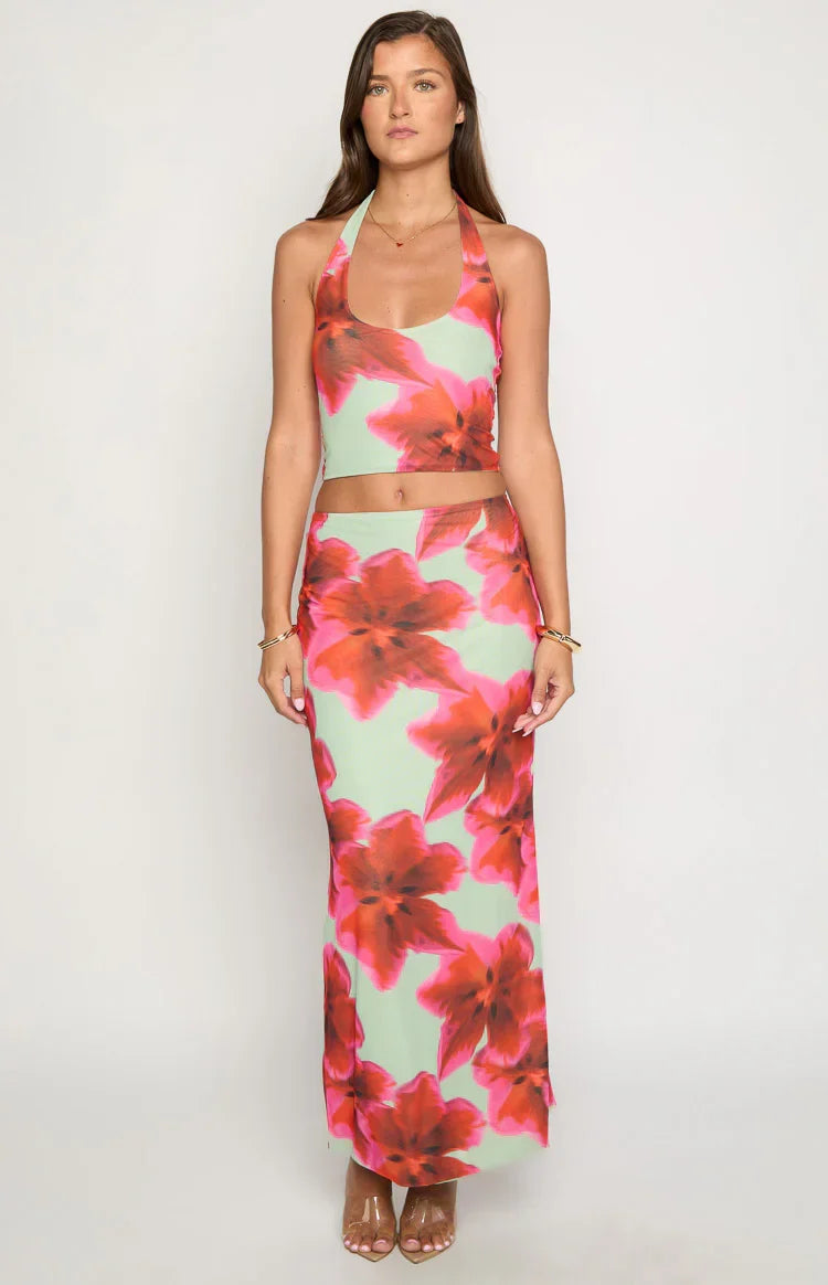 Elsa Green Floral Maxi Skirt