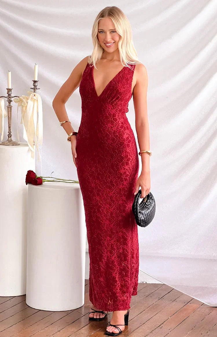 Farida Red Lace Maxi Dress