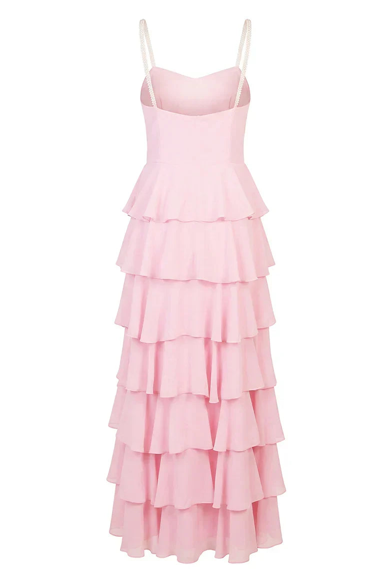 Felicity Pink Pearl Strap Ruffle Maxi Dress