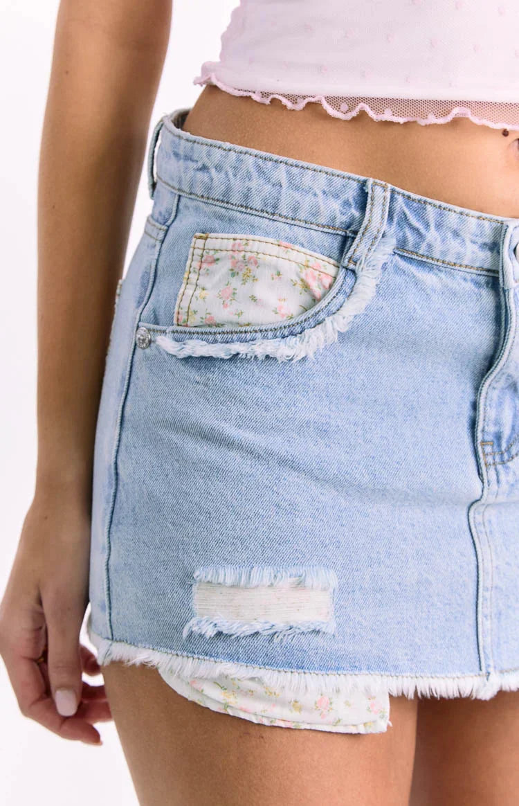 Found Love Floral Light Wash Denim Skirt