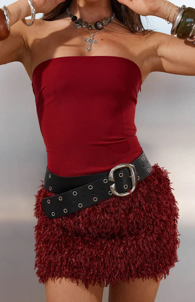 Halo Burgundy Strapless Fur Mini Dress