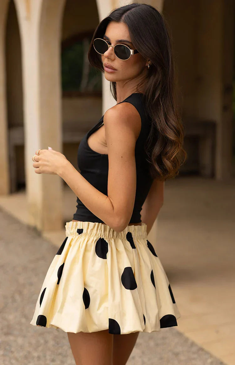 Henrietta Yellow Polka Dot Bubble Hem Mini Skirt