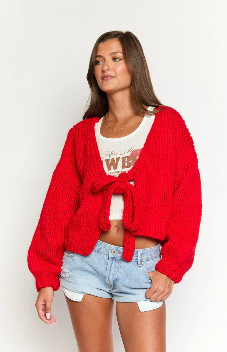 Holiday Red Tie Up Knit Cardigan