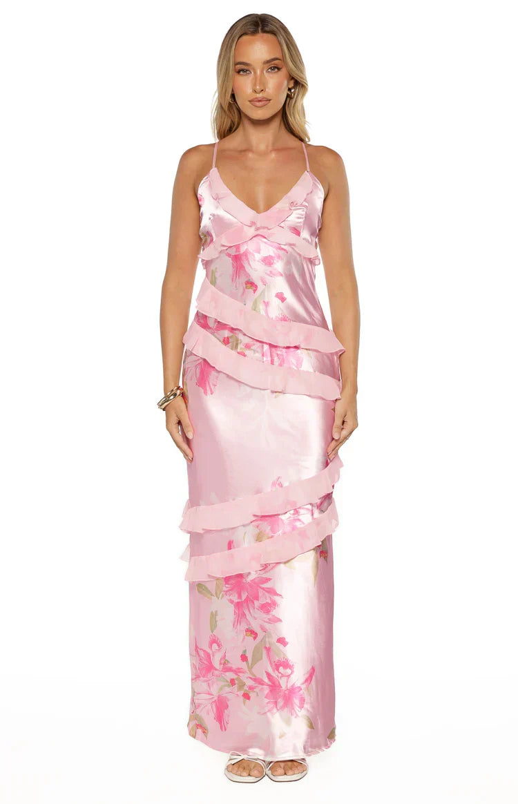 Inara Pink Floral Print Ruffle Prom Dress