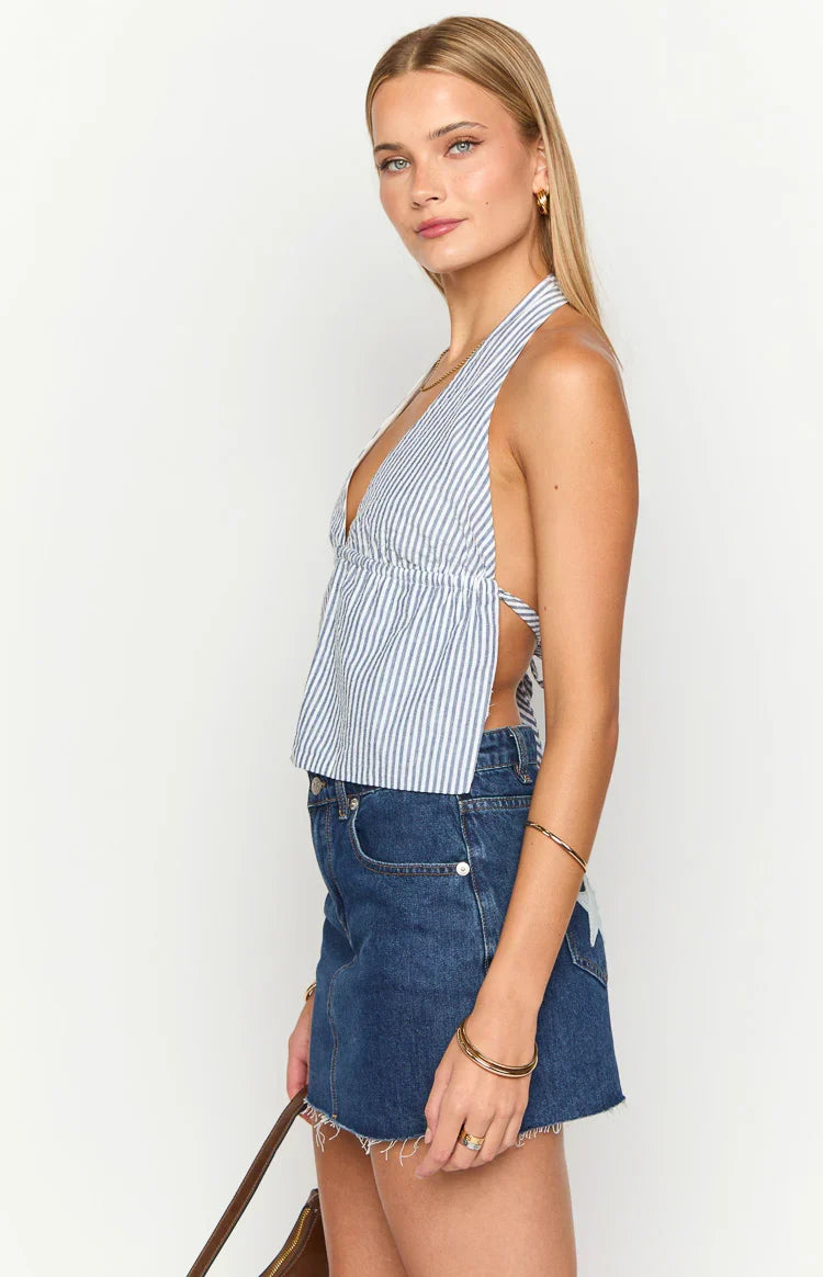 Izzie Navy Stripe Halter Neck Top