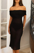 July Black Sheer Off the Shoulder Midi Dress