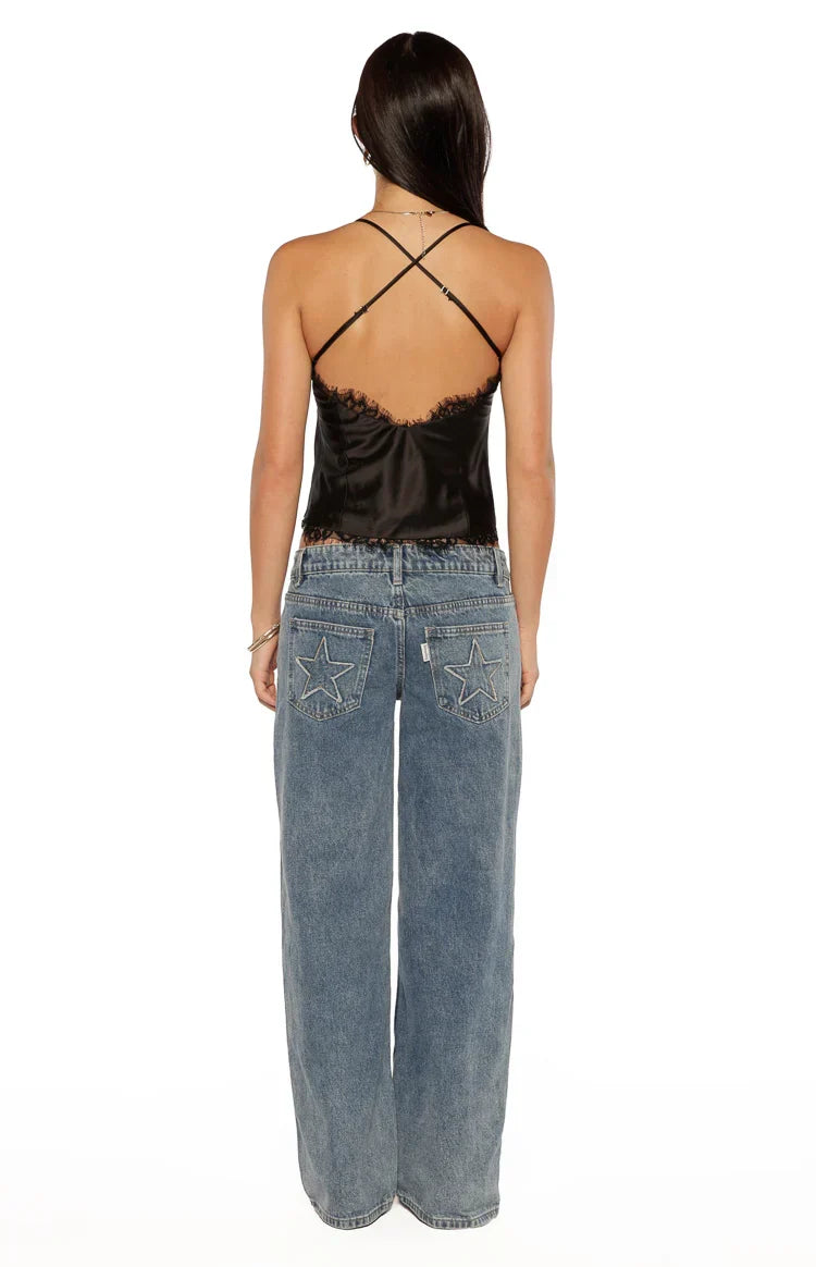 Kai Black Lace Trim Cami Top