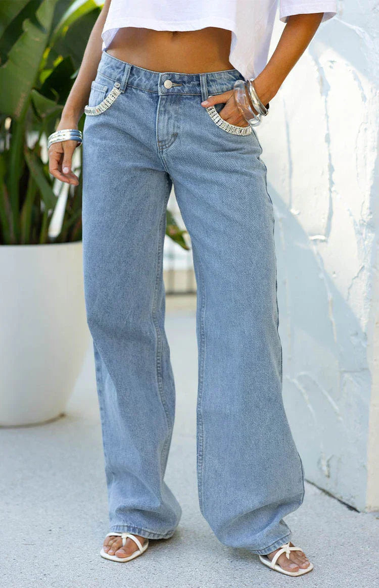 Kavira Light Wash Denim Diamante Trim Low Rise Jeans