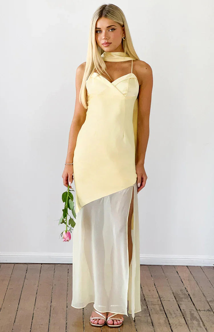Laila Yellow Satin Scarf Formal Maxi Dress