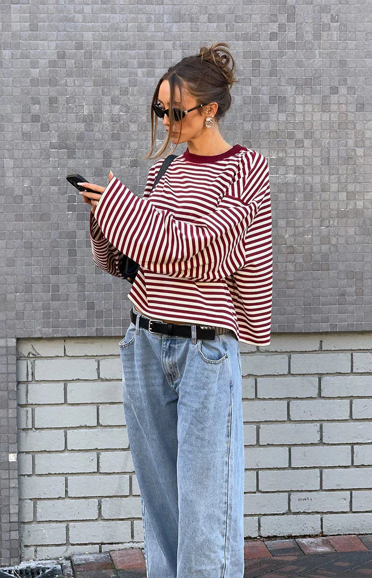 Lioness Bloom Wine Stripe Long Sleeve Top