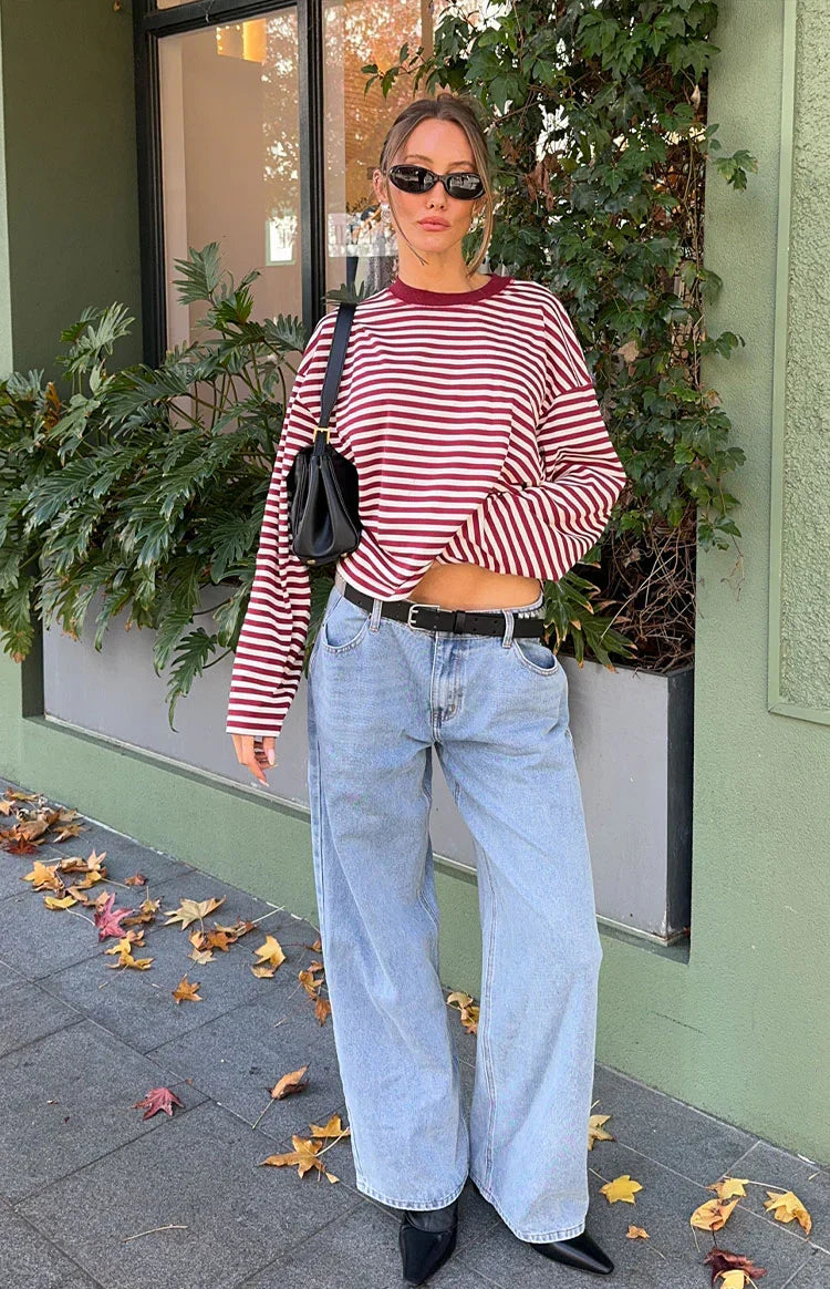 Lioness Bloom Wine Stripe Long Sleeve Top
