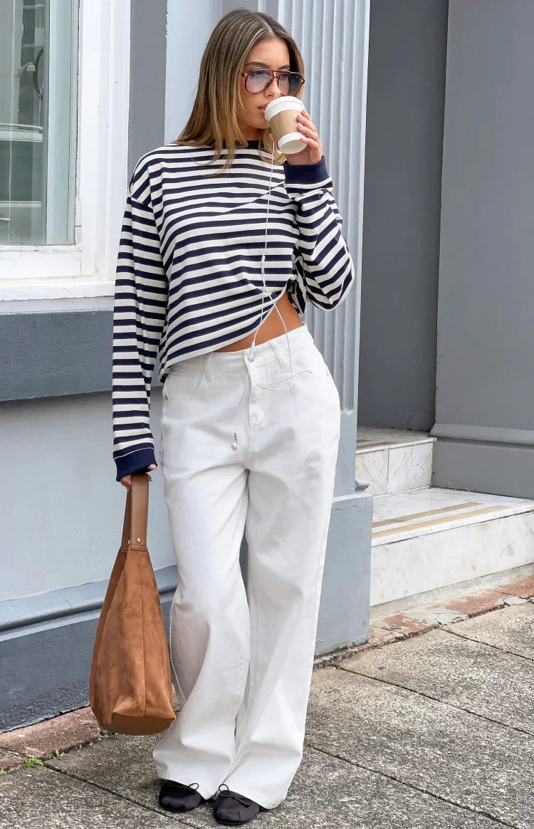 Lovers Lane White Denim Heart Pocket Slouchy Jeans