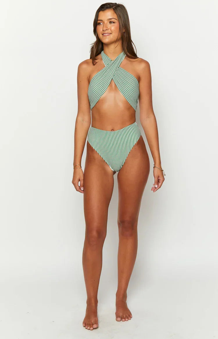 9.0 Swim Majorca Green Striped High Waisted Bikini Bottoms