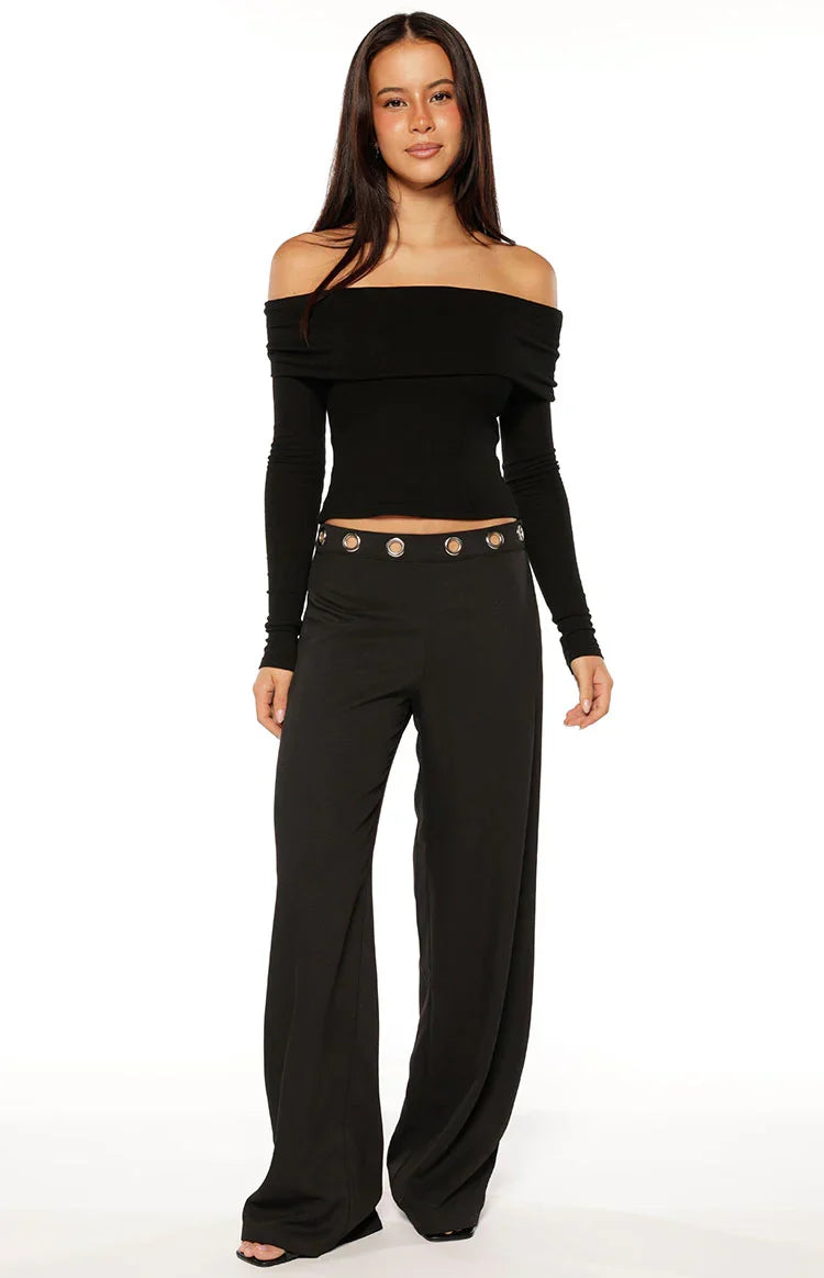 Marlin Black Off Shoulder Long Sleeve Top