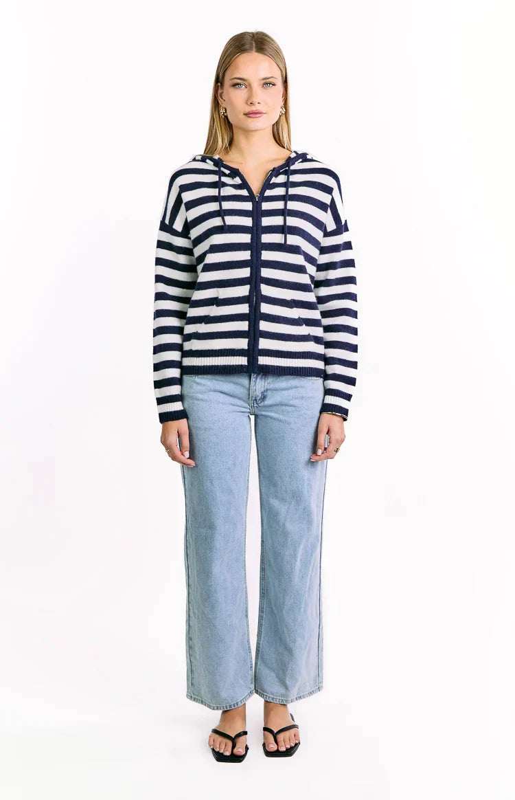 Mollie Navy Stripe Knit Zip Sweater