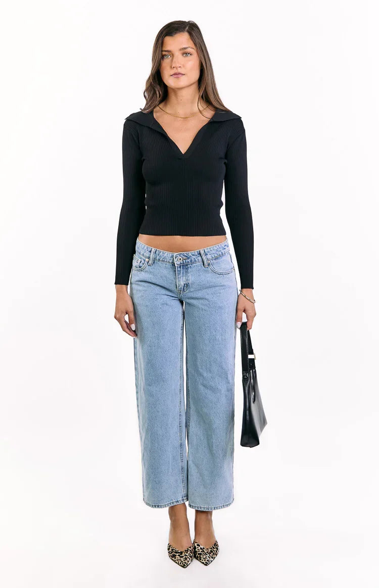 Nina Black Ribbed Knit Long Sleeve Sweater