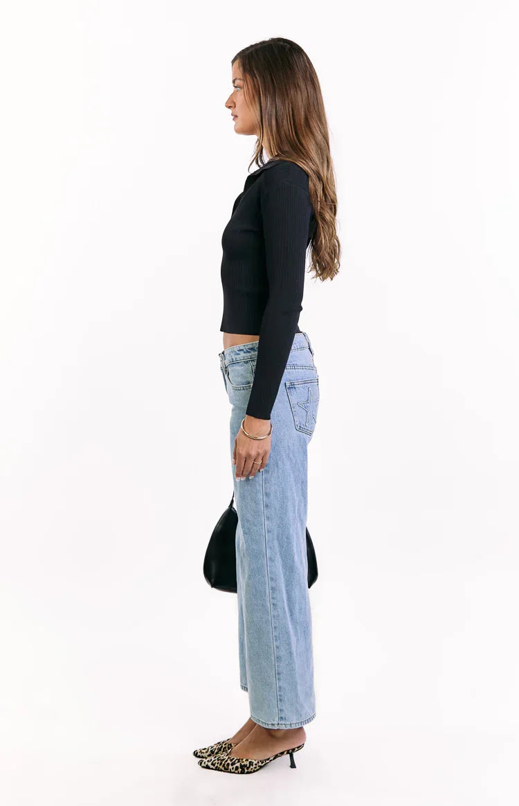Nina Black Ribbed Knit Long Sleeve Sweater