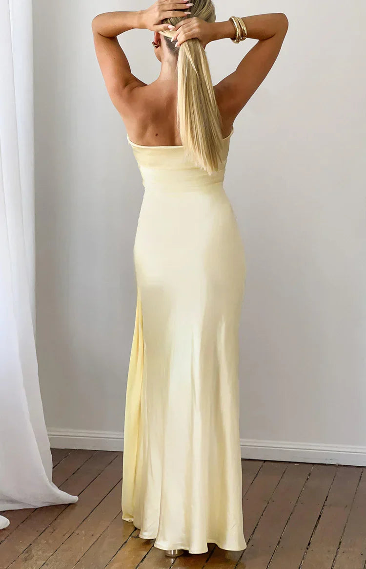 Novie Yellow Tie Detail Satin Strapless Maxi Dress