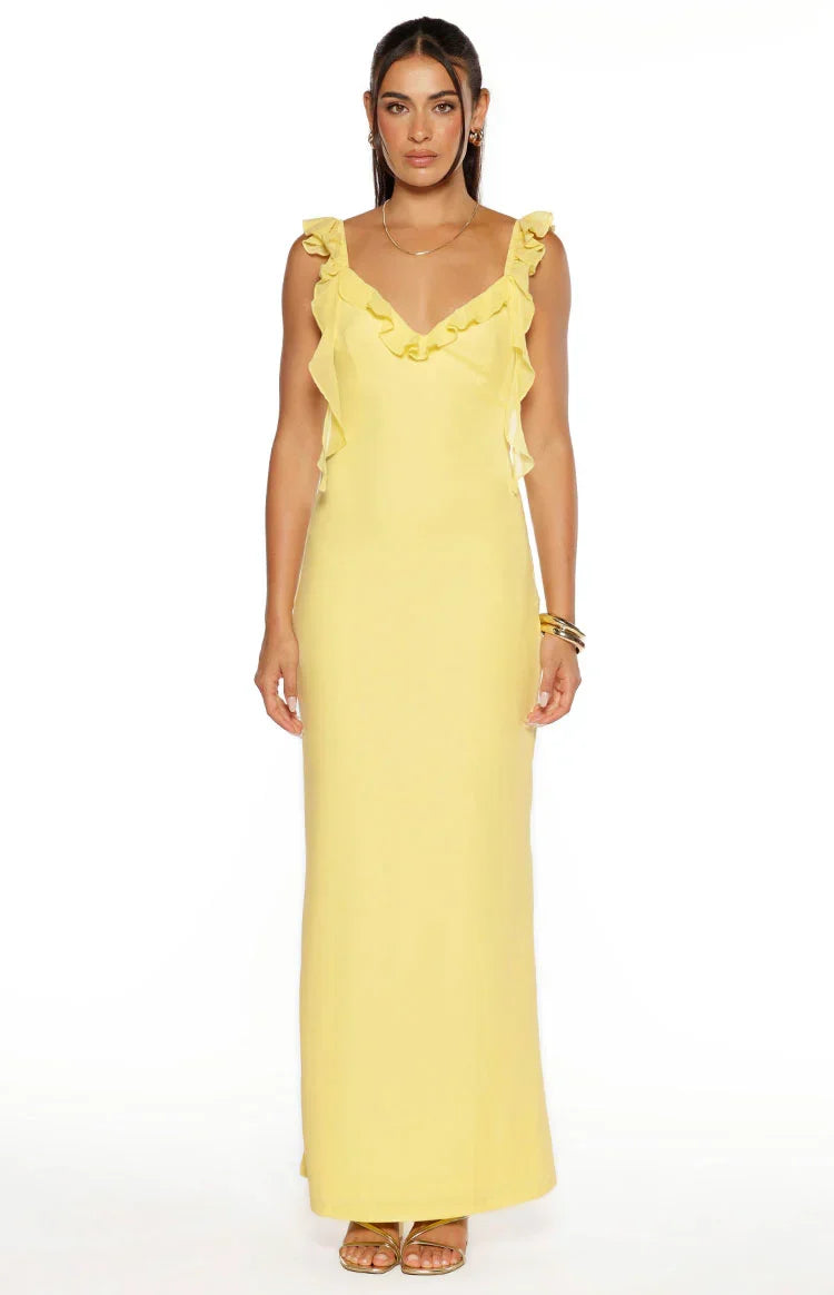 Paolma Yellow Ruffle Formal Maxi Dress