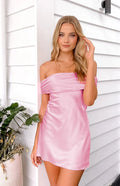 Primrose Pink Satin Off the Shoulder Mini Dress