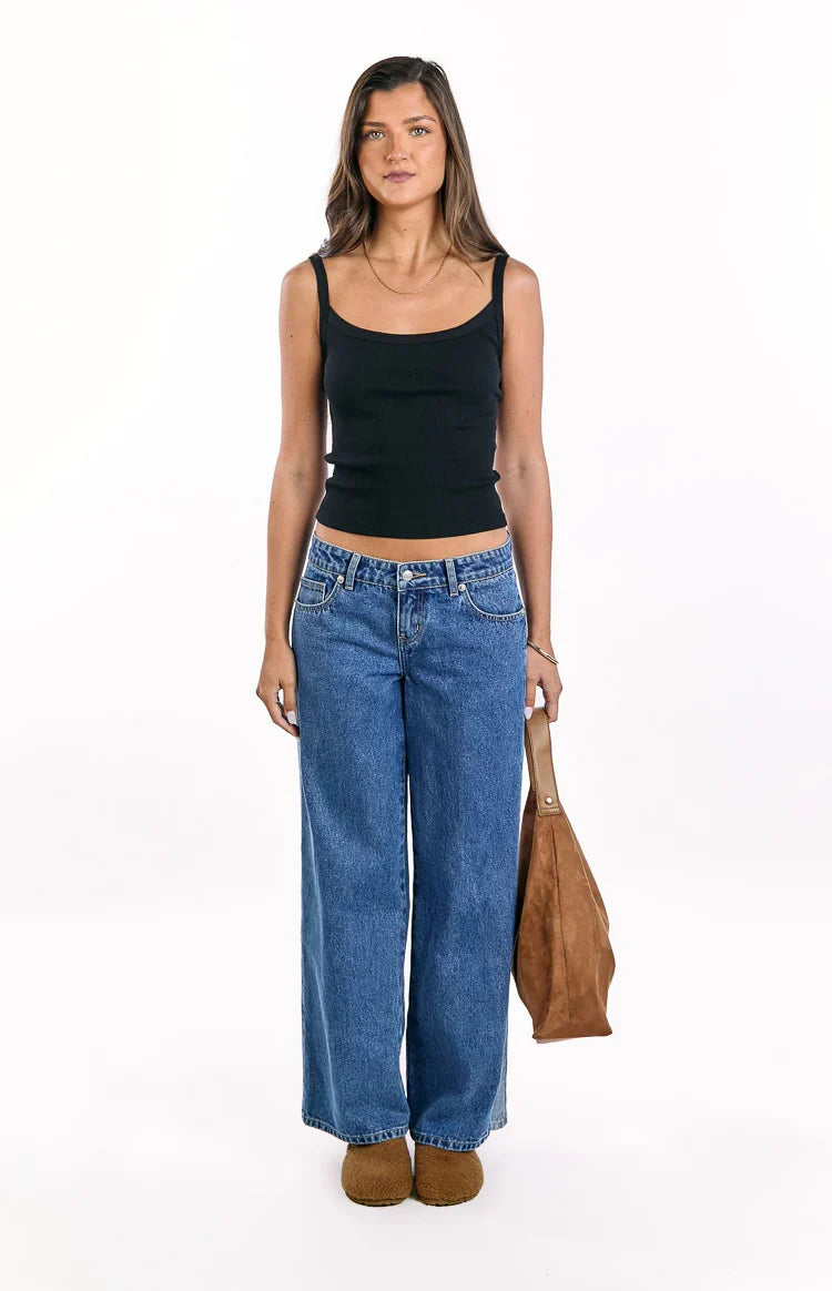 Roonie Contrast Stripe Mid Wash Denim Low Rise Jeans