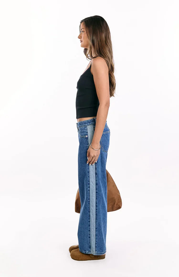 Roonie Contrast Stripe Mid Wash Denim Low Rise Jeans