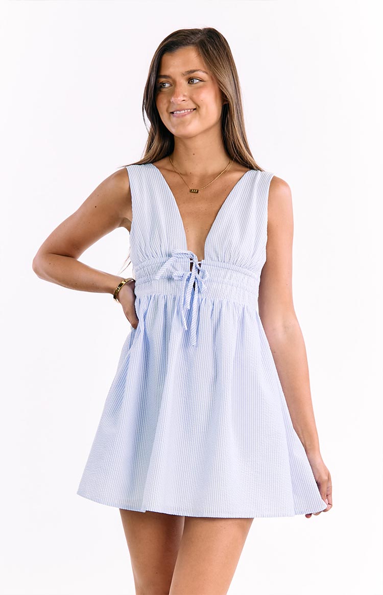 Saffron Blue Stripe Tie Mini Dress