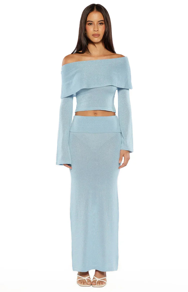 Simona Blue Long Sleeve Off Shoulder Knit Top