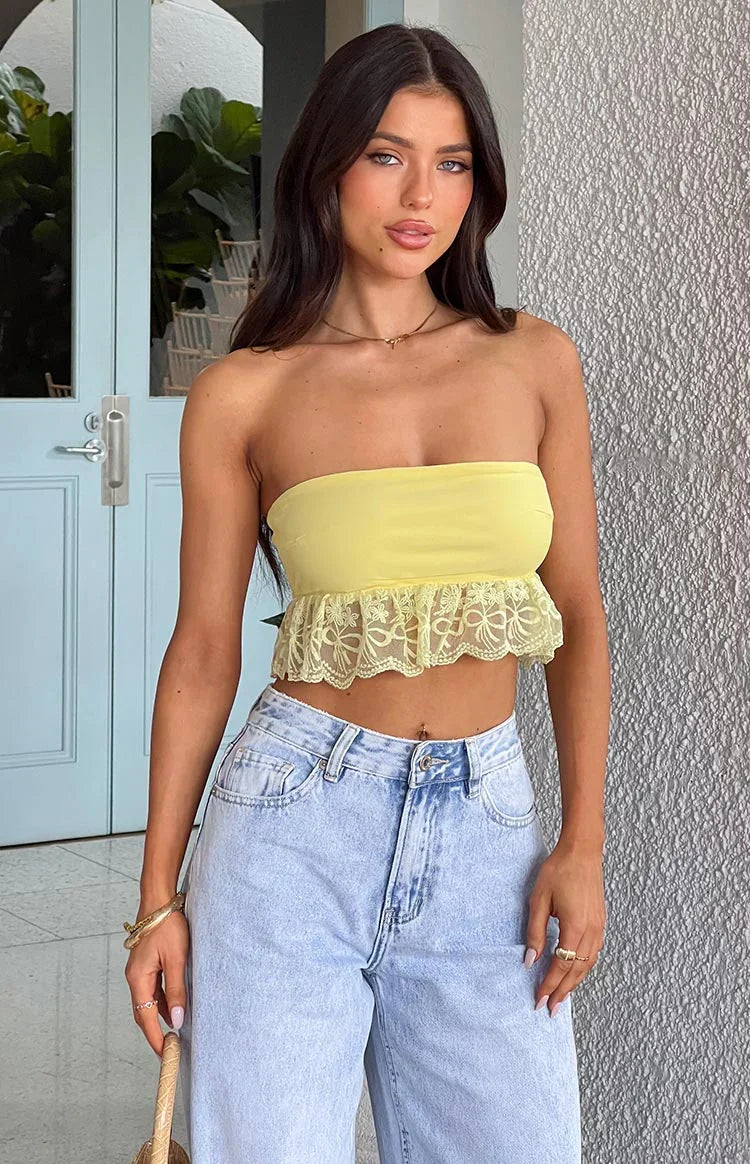 Sparrow Yellow Lace Frill Strapless Crop Top