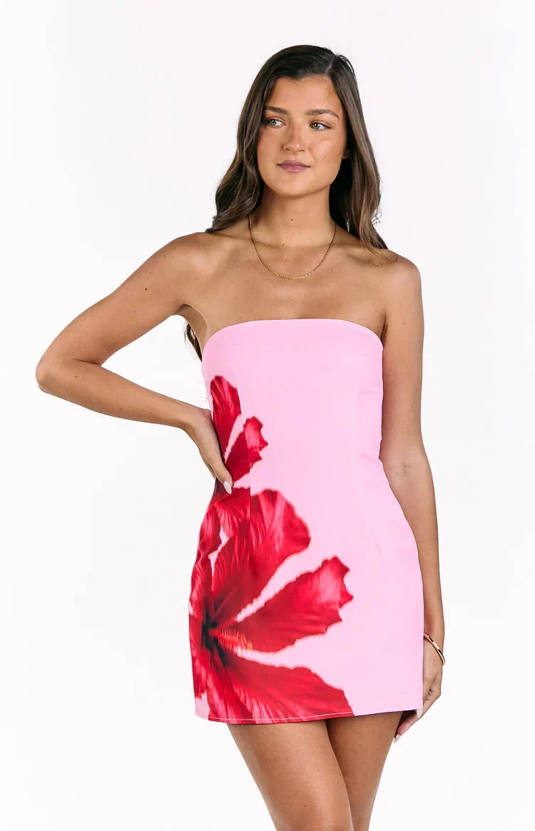 Temmie Pink Hibiscus Print Strapless Mini Dress