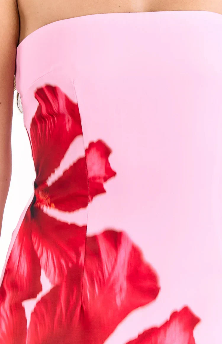 Temmie Pink Hibiscus Print Strapless Mini Dress