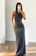 Tsuki Grey Stud Detail Cowl Neck Maxi Dress