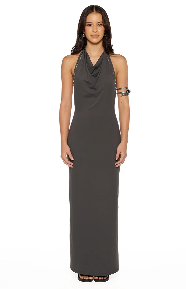Tsuki Grey Stud Detail Cowl Neck Maxi Dress