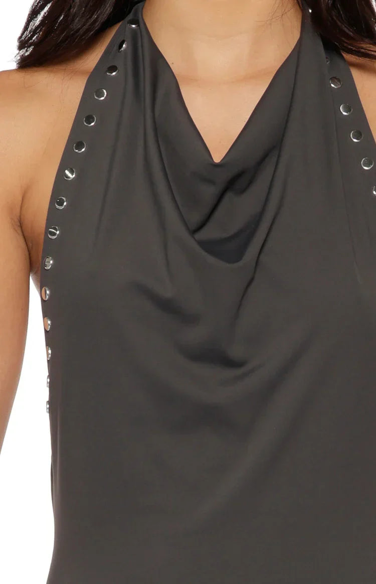 Tsuki Grey Stud Detail Cowl Neck Maxi Dress