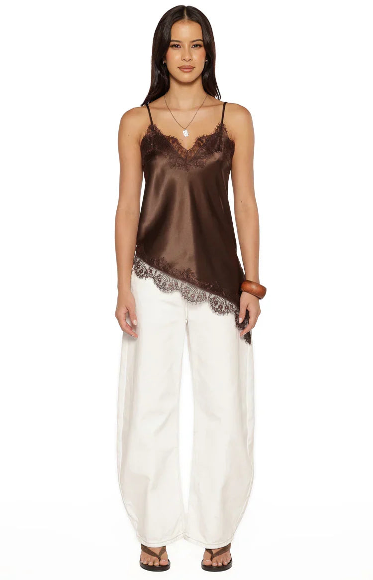 Ziva Brown Satin Lace Asymmetrical Top - PRE ORDER